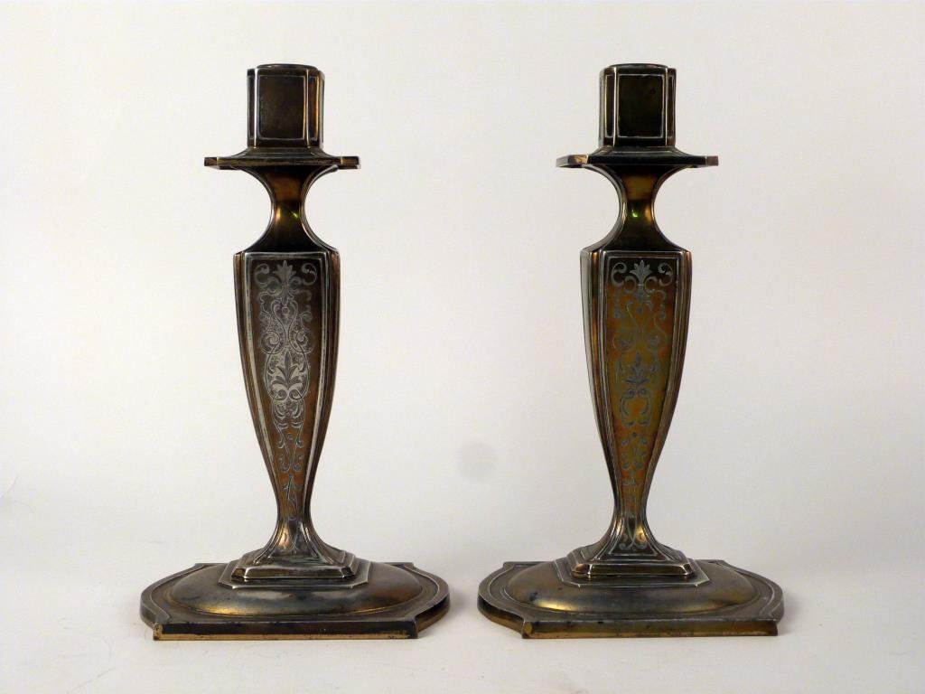 Pair Pairpoint Silver Plated Candle Sticks: With inscribed design and stepped base. 11" H. (Prospect Park Brooklyn Property)