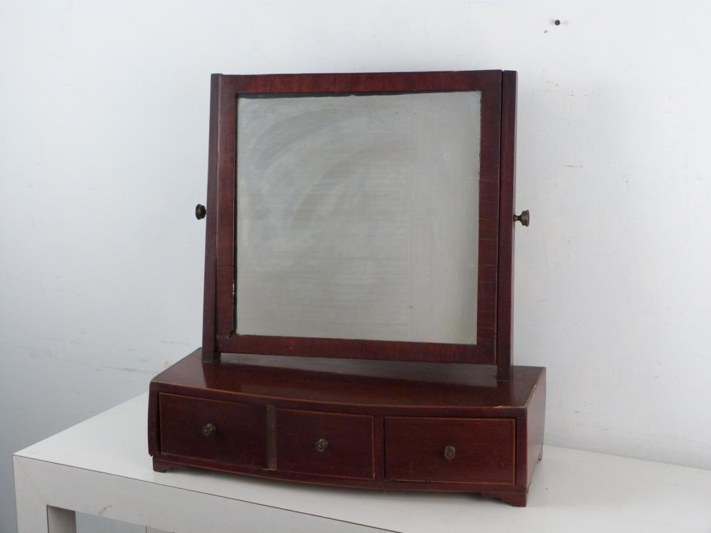 Antique Hepplewhite Style Shaving Mirror: Pivoting, over 3 drawer line inlaid cabinet. 23 1/2" H X 22" W. As is. (925 Park Ave Estate)