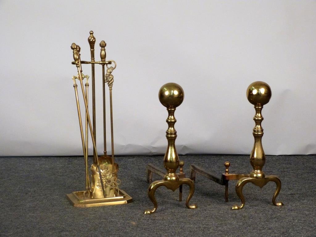 Fireplace Ensemble - Andirons & Tools: Fire tools mix matched (1 figural), English style brass plated andirons. Tools: 25" H. (925 Park Ave Estate)