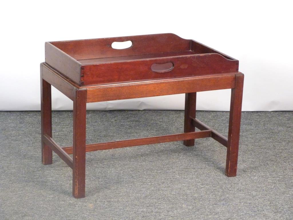 Antique English Tray Top Table: Tray with open handles, later base with H stretcher. 27" W X 17" D X 20" H. (925 Park Ave Estate)