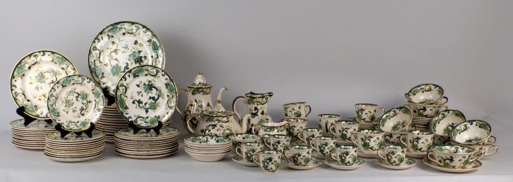 Masons Ironstone "Chartreuse" Dinner Service: Including dinner, luncheon, salad, and dessert plates, coffee and tea pots with creamers, bowls and saucers in 3 sizes; 100+ pieces. Overall good condition with occasional chips; coffee cups heavily g