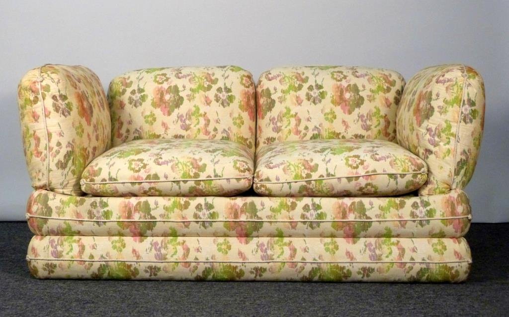 Vintage Chicklet Cushion Settee: 2 tier fully upholstered base, with Chicklet shaped back and sides. 62 1/2" W X 31" D X 29 1/2" H. 1 arm loose.