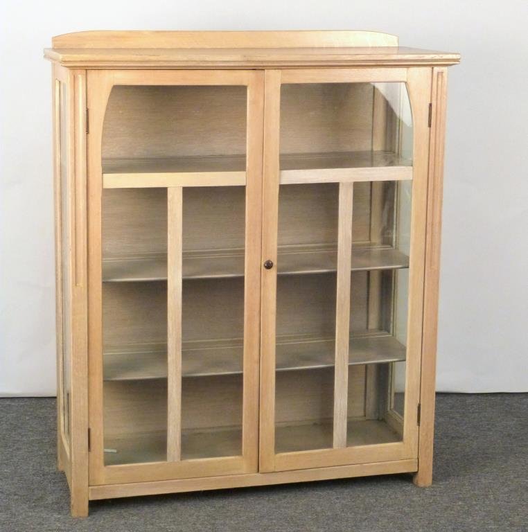 Stickley Style Double Door Bookcase (Quaint): Cerused oak, back splash, glazed doors opening to 4 shelves. 43 1/2" W X 17" D X 52" H. (From a Long Island Estate - Same as the Quaint Stickley Brothers Dining Set)