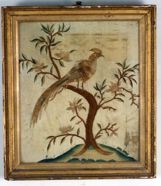 Antique Needlepoint Picture of a Bird: On silk. 13" X 10 1/2" (15 1/2" X 14"). As is.