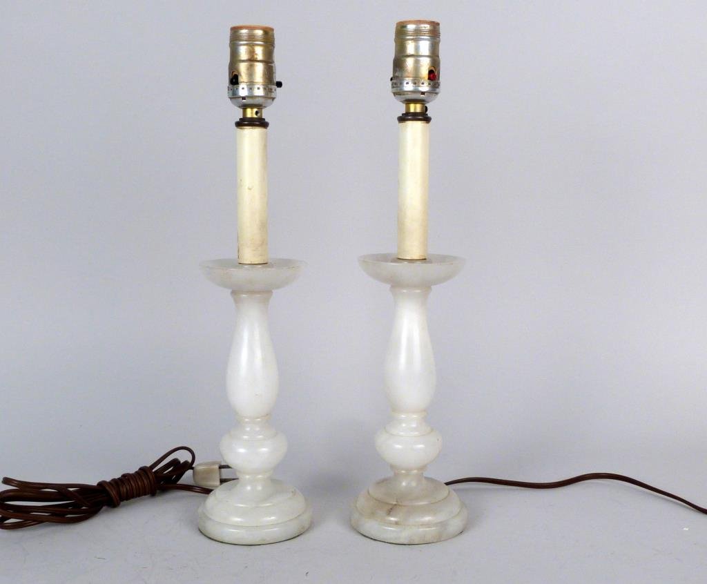 Pair of Italian Alabaster Table Lamps: Candlestick form. 15" H. (925 Park Ave Estate)