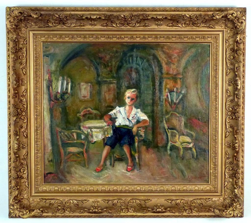 Jacques Zucker (Polish/American, 1900 - 1981) Oil: On canvas. Study of boy in interior, signed lower right. 23 1/2" H X 27 1/2" (35 1/2" X 39 1/2"). Together with a monograph on the artist.