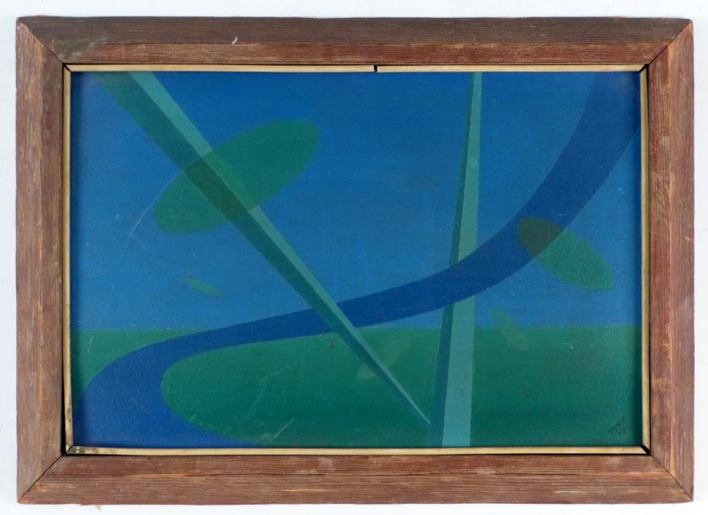 Signed Jeffs '48 - Futuristic Style Oil on Board: Abstract, signed lower right. 12" H X 18" W (16" H X 21 1/2" W). Label on verso (illegible).
