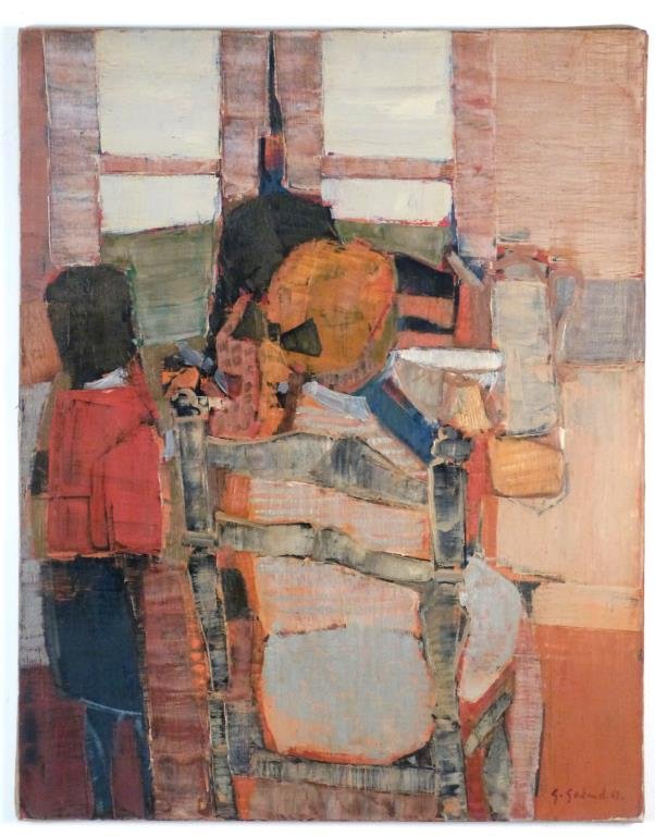 Gabriel Godard (French, b. 1933) - Oil on Canvas: Le Gouter, Interior scene. Signed and dated '62 lower right. 36" H X 29" W. Findlay Galleries stamp on verso.