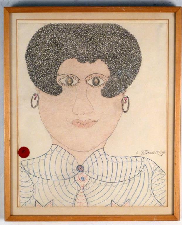 Inez Nathaniel Walker - Folk Art Drawing: Woman with curls, signed and dated 1973 lower right. 17" H X 13 1/2" W (20" X 13 1/2"). Ex Sotheby's, Gallery of Graphic Arts, Ltd label on verso.