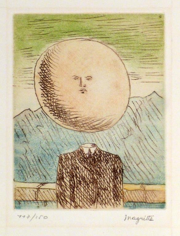 René Magritte (French, 1898-1967) - Etching ****: LArt de Vivre," signed lower right, Atelier Rene Magritte stamp in margin, numbered 117/150, etching with aquatint on BFK Rives. Image: 5 1/2" H X 4 1/4" W. Light mat burn and large stain to top edge 