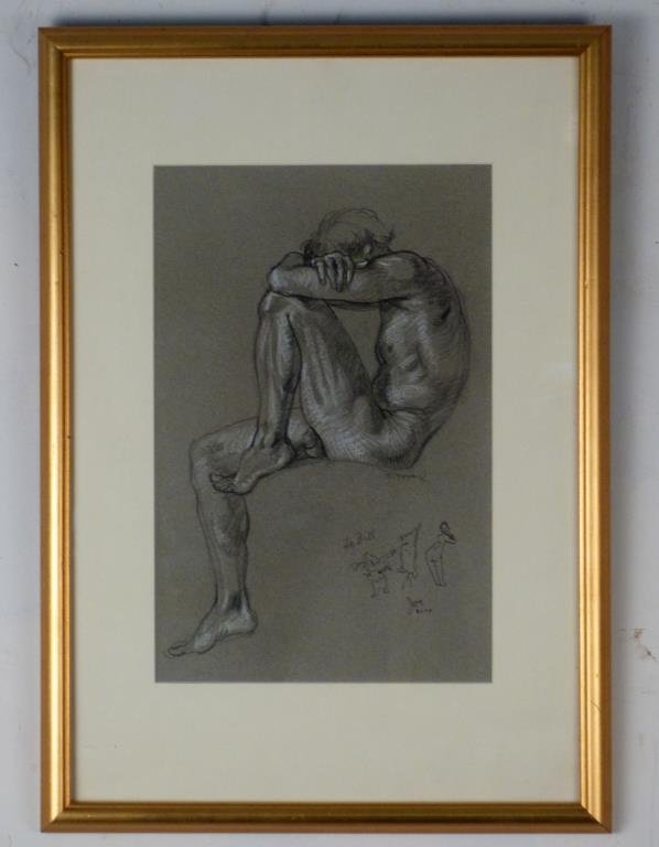 Joseph Sheppard - Drawing: Male nude, with cartoon of male artist and female model lower right, signed middle right, charcoal on paper. 14 1/4" H X 9" W (22" X 15 3/4").