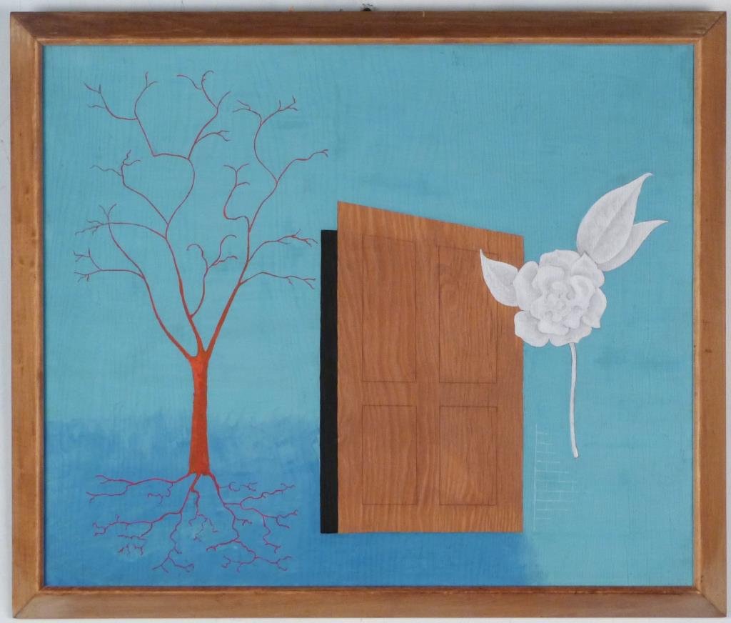 Unsigned - Oil on Wood Panel: Surrealistic study of tree, door, and bloom. 19 1/2" H X 23 1/2" W (22 1/2" X 26 1/2").