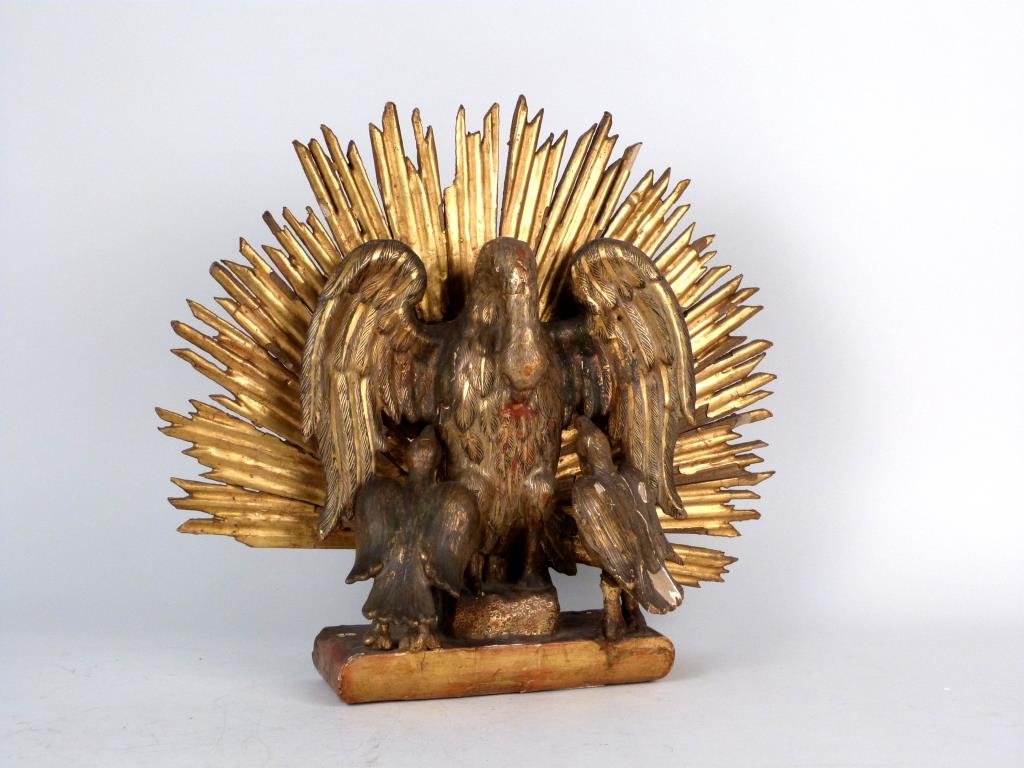 Antique Gilt Carved Wood Eagle Pediment: On recent base. 19" W X 17" H. (925 Park Ave Estate)