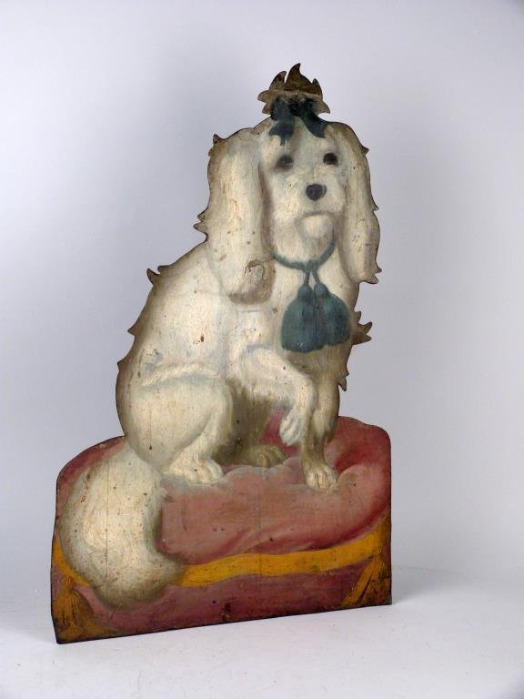 Vintage Painted Metal Dog Umbrella Stand: Dog on pillow. 16" W X 24 1/2" H. As is. (925 Park Ave Estate)
