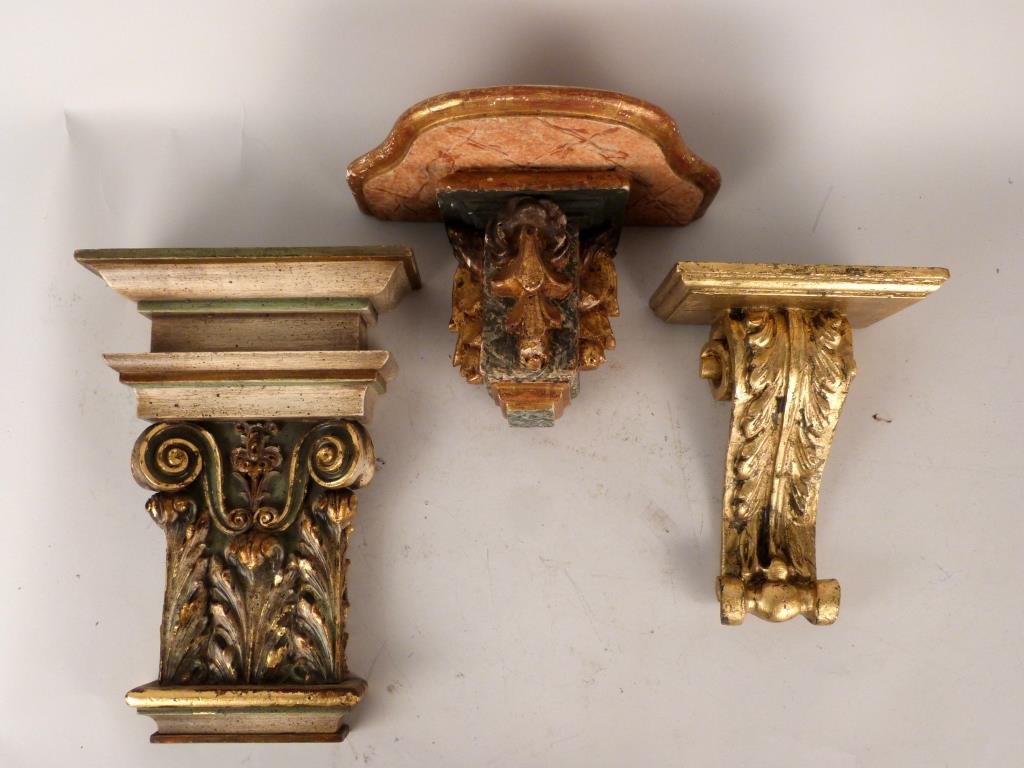 3 Carved Wood Brackets: Gilt and painted metal. Tallest: 14 1/2" H. (Prospect Park Brooklyn Property)