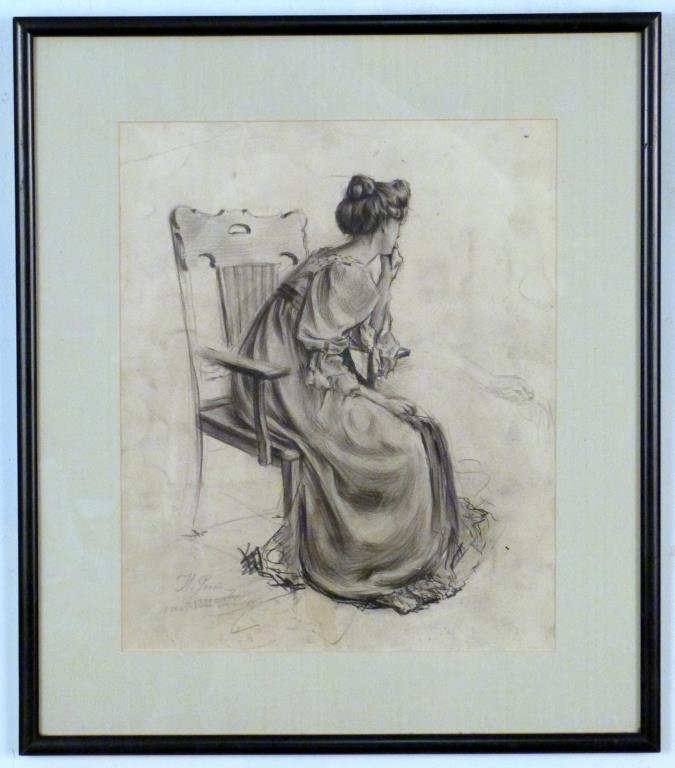 Late 19th Century Mixed Media Drawing: Graphite and charcoal, study of a seated woman, signed and dated 1889 lower left. 13 3/4" H X 11" W (19" X 17"). Crease upper left corner, nicks to paper lower right. (Prospect Park Brooklyn Property)
