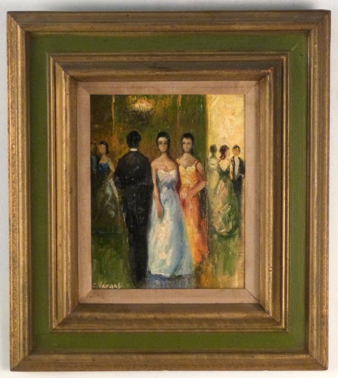 Signed C. Vargas - Oil on Canvas: Formal dressed figures, signed lower left. 10" H X 7 1/2" W (17 1/2" X 16"). (Prospect Park Brooklyn Property)