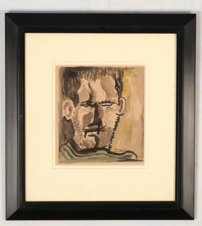 After Pablo Picasso - Watercolor on Paper: Portrait of a man, signed lower right. 9" X 8" (18 1/2" X 17"). Sidney Janis Gallery label on verso.