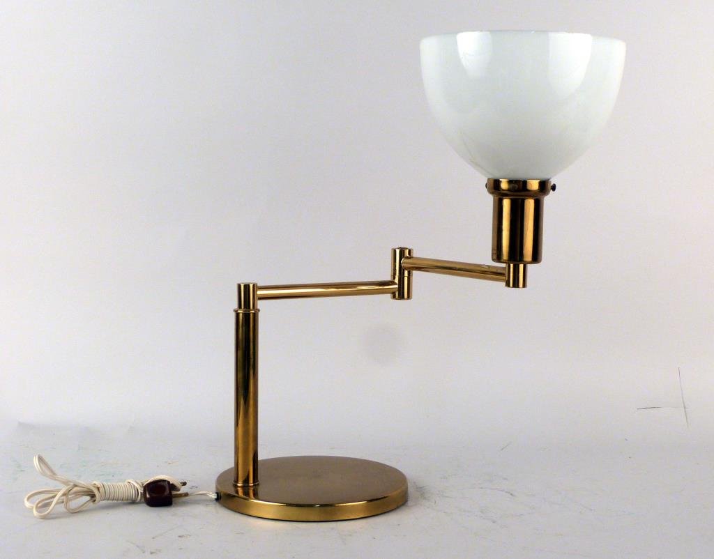Hansen Style Brass Plated Table Lamp: With articulated arm and milk glass shade. 19" H X max. 18" W. (Prospect Park Brooklyn Property)