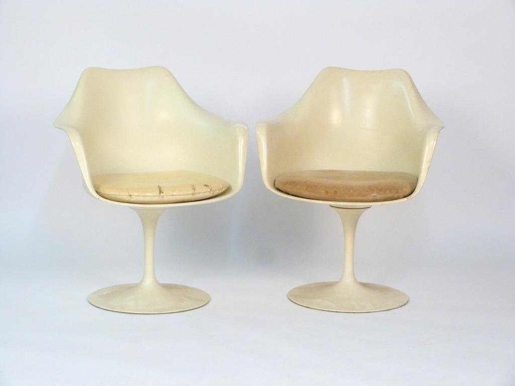 2 Eero Saarinen for Knoll Tulip Chairs (as is): Arms chairs, 1 swivels, both with label. 25 1/2" W X 23" D X 31" H. As is. (Prospect Park Brooklyn Property)