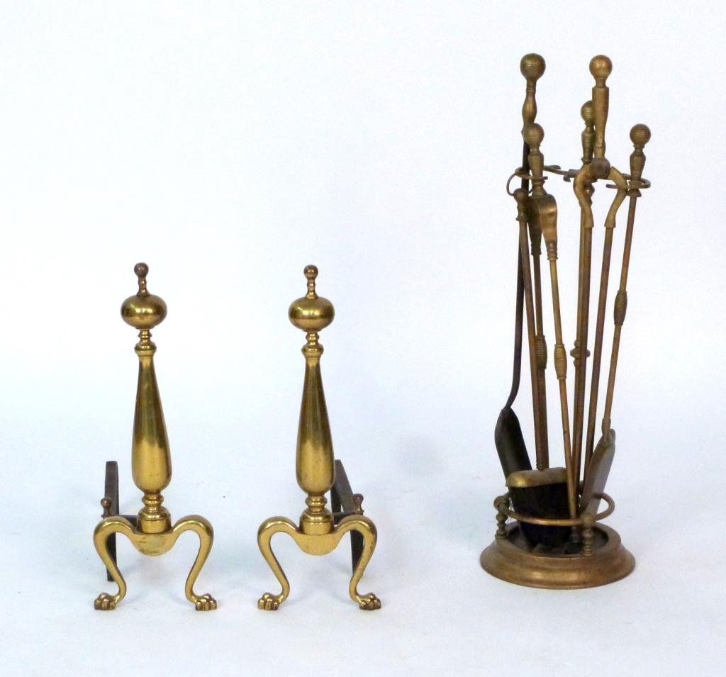 Brass Tone Andirons & Fire Tools: Andirons: 17" D X 19 1/2" H; 4 piece mix matched tool set: 27" H. (Prospect Park Brooklyn Property)