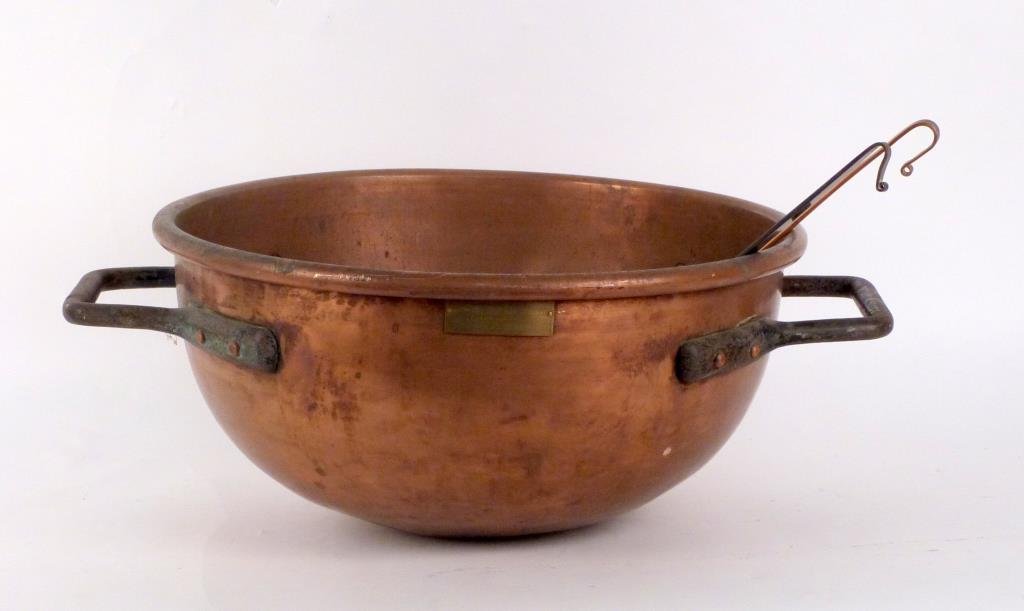 Large California Commercial Company Copper Pot: Together with 2 spoons (1 as is). 24" W X 9" H. (Prospect Park Brooklyn Property)