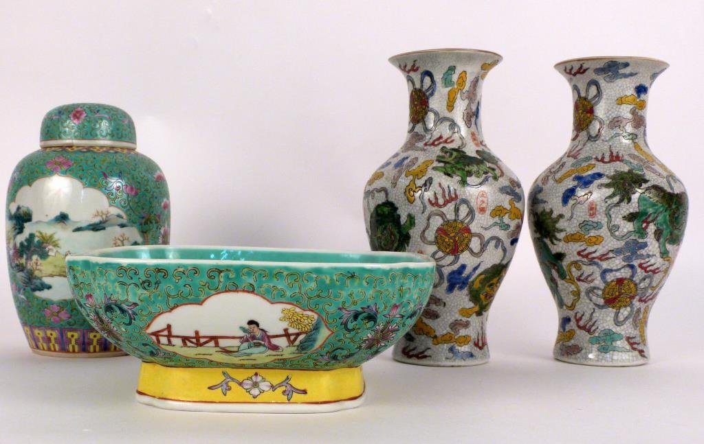 4 Chinese Porcelain Articles: Famille rose footed bowl (8 1/2" square X 3 1/2" H) and covered jar (lid as is), and a pair of crackleware vases (9 1/2" H). (Prospect Park Brooklyn Property)