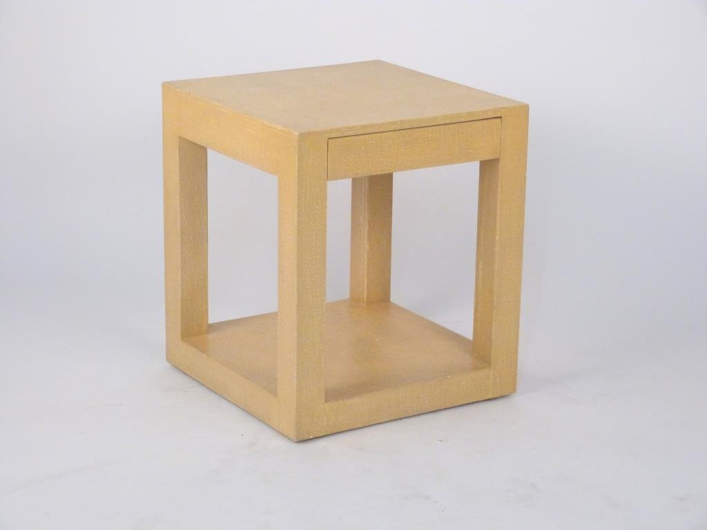 Karl Springer Style Fabric Wrapped End Table: Parsons style, 2 tiers, 1 drawer. Metal drawer runners. 22" square X 25 1/2" H. (Prospect Park Brooklyn Property)