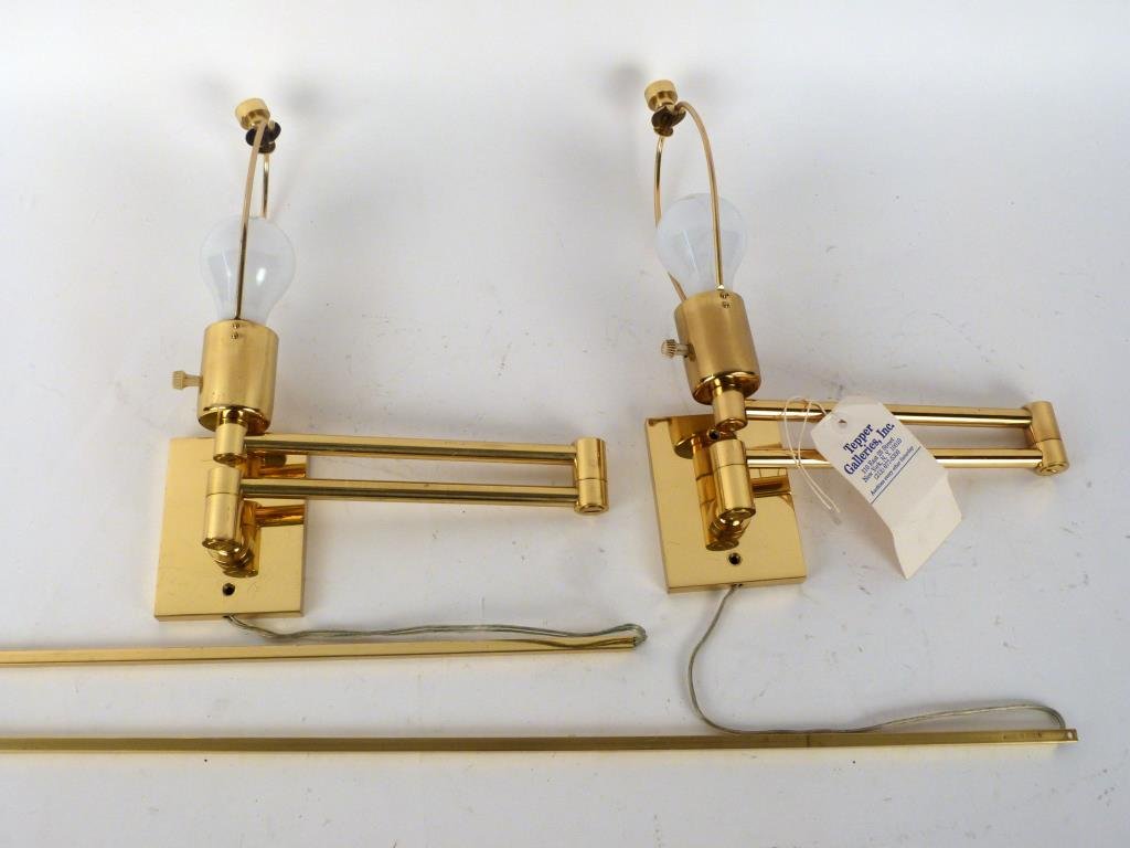 Pair of Hansen Wall Mounted Swing Lamps: Brass plated. 14" H from bottom of plate to top of finial X 20" D (fully extended); rods: 36" L. (Prospect Park Brooklyn Property)