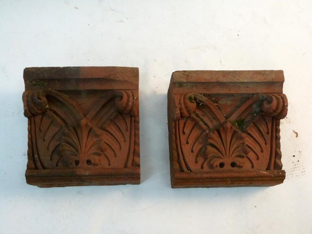 2 Terra Cotta Architectural Elements: Pair of brackets. 12 1/2" H X 12 1/2" W X 8" D. (Prospect Park Brooklyn Property)
