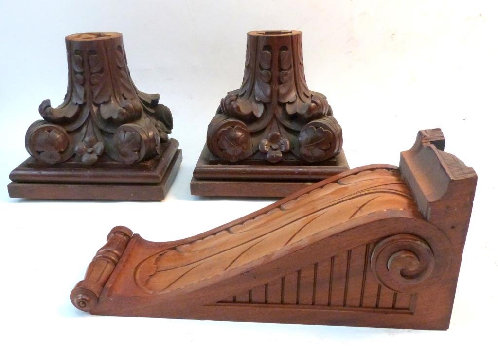3 Carved Wood Brackets (Pair & Single): 1 with scroll (24 1/2" H X 9" W X 10 1/2" D); pair with scroll and blooms (15" H X 15 1/2" W X 10" D). Some losses. (Prospect Park Brooklyn Property)