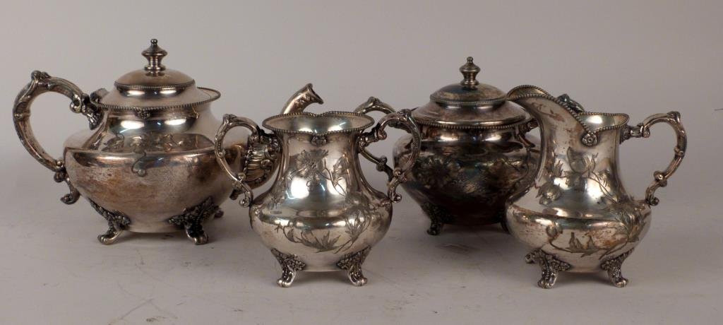 4 Piece Pairpoint Silver Plated Tea Service: Decorated with floral blooms. Tallest: 6" H. (Prospect Park Brooklyn Property)