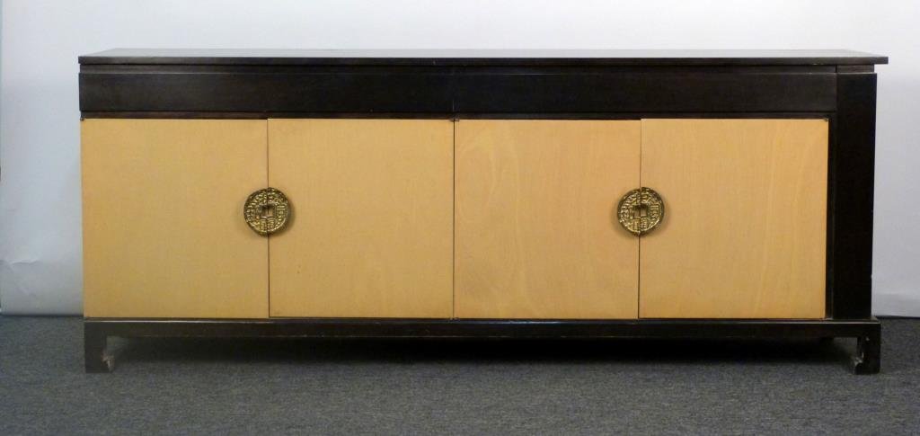 James Mont Style 2 Piece Sideboard: Ebonized surface, drawers, and base, with blonde wood doors featuring metal Chinese coin-shaped pulls. Piece 1: 77 1/2" L X 18" D X 31" H (side that faces outward as is); piece 2: 73" L X 18" D X 31" 