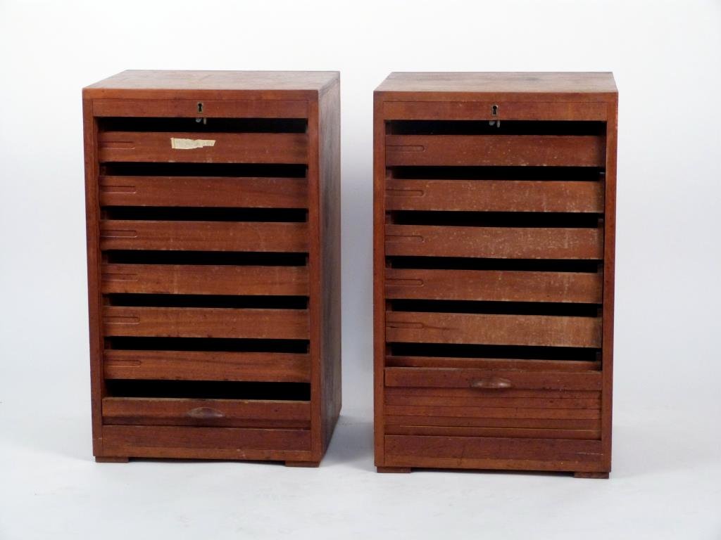 Pair of Mid-Century Tambour Flat File Cabinets: Each with 6 drawers. 17 3/4" W X 15 3/4" D X 29" H. As is (finish in need of care and tambour doors stuck and in need of repair). (Brooklyn Heights Estate)