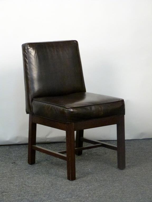 Paul Evans for Directional Side Chair: Dark wood frame with H stretcher, upholstered in brown vinyl. 18" W X 24" D X 34" H.