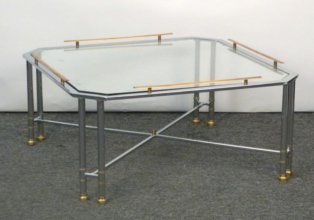 Mid-Century Brass, Chrome & Glass Coffee Table: Squared corners, brass detail, X stretcher with final. 36" square X 16" H.