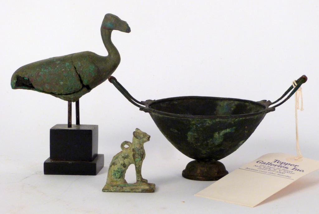 3 Ancient Bronze Articles: Egyptian Ibis (5" W) and cat (2" H), Roman vessel (3 1/2" H) with exaggerated handles. Ex: Tepper Galleries(Brooklyn Heights Estate)