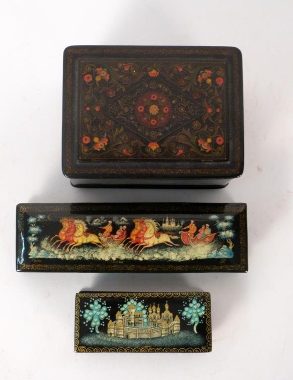 3 Russian Lacquer Boxes: 1 antique (with stuck lid), all signed. Largest: 3" H X 4 1/2" W. (Brooklyn Heights Estate)