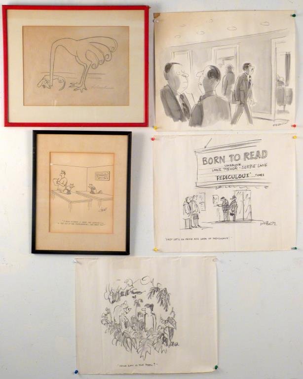 5 New Yorker Style Cartoons: 2 framed, lot includes illustrations by Robert Weber, James Stevenson, and Tom Cheney. Largest: 14" H X 17" W. One with Ludwig Bemelmans stamp signature. (Brooklyn Heights Estate)