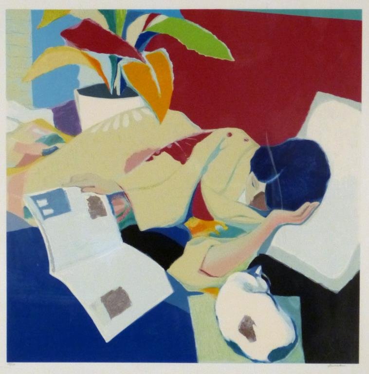 Tadashi Asoma (Japanese, b.1923) -Serigraph: Reclining woman reading with cat, signed lower right and numbered 78/150. Plexiglass scratched. 27 1/2 " H X 27 3/4" W (38" X 37").