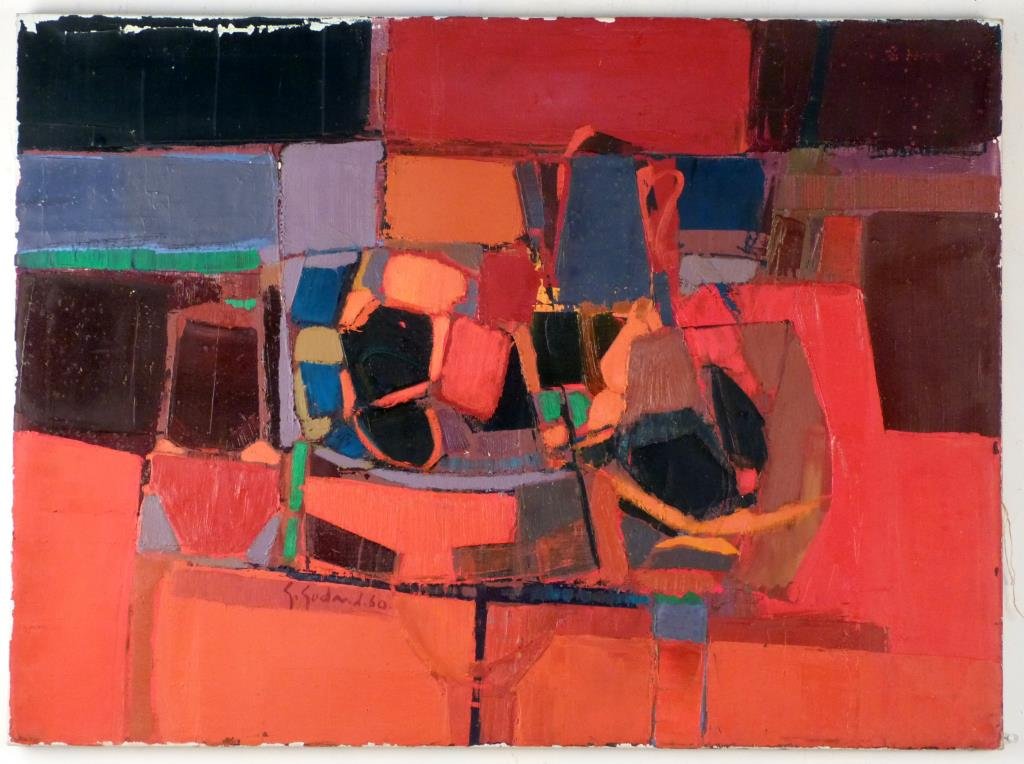 Gabriel Godard (French, b. 1933) - Oil on Canvas: Nature Morte Rouge, signed and dated '60 lower left. 23 1/2" H X 31 3/4" W. Findlay Galleries stamp on verso. Some paint loss at edges.