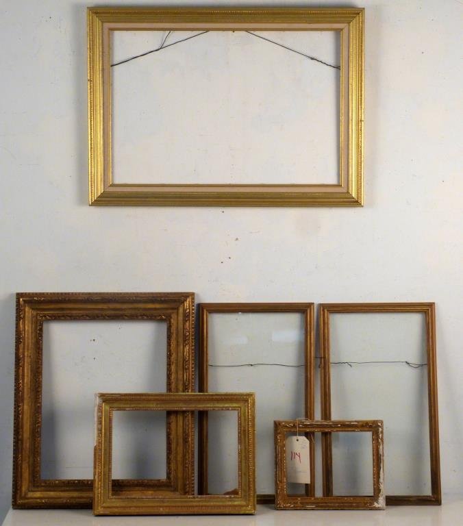 6 Assorted Gilt Picture Frames: Largest: 20" H X 28 1/2" W. (Brooklyn Heights Estate)