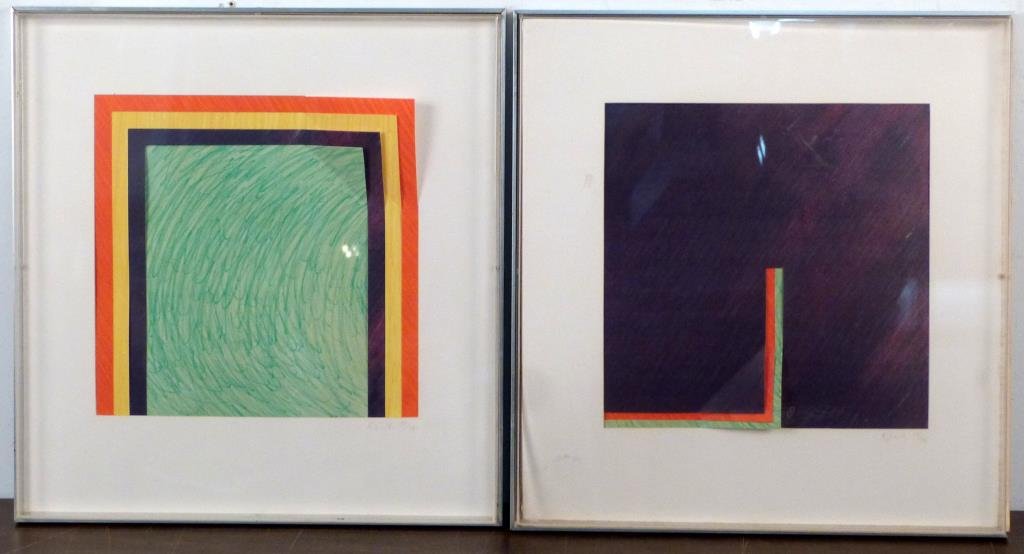Richard Smith (British, b. 1931) - 2 Lithographs: Geometric forms, both signed and numbered 55/75 lower right, lithograph on folded and layered papers, in acrylic and chrome frames (1 badly scratched). 10" H X 10" W (16" H X 16" W).