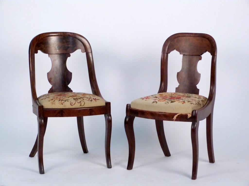 2 Similar American Empire Side Chairs: Similarly upholstered with needlepoint slip seats. 18" W X 20" D X 32" H and 18" W X 21" D X 32" H. As is. (Brooklyn Heights Estate)