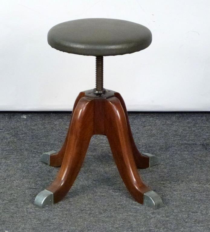 Hamilton Corkscrew Post Piano Stool: Gray vinyl upholstered seat, 4 flared legs with metal foot caps. 21 1/2" D; up to 22" H. (Madison Avenue NYC Estate)