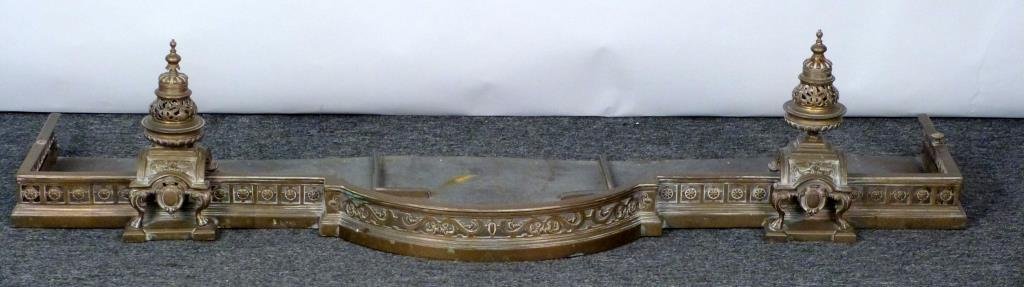 Antique Brass Fire Fender: With open work decoration. 60" L X 17" D X 13 1/2" H.
