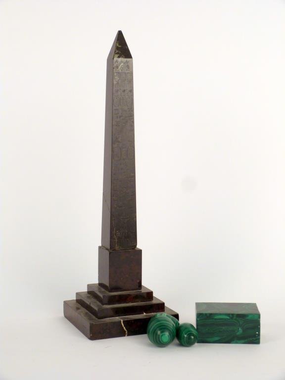 Assorted Carved Hardstone Articles: Marble obelisk with Egyptian style glyphs (14 3/4" H), together with carved malachite box and eggs.