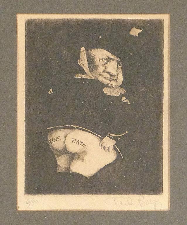 Charles Bragg (American, b. 1931) - Etching: A General with Hate & Love tattoos on buttocks, signed lower right, numbered 6/90. 5" H X 4" W (13" X 11").