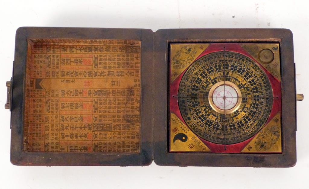Chinese Compass in Fitted Box: Brass and mixed material face with various measuring inscriptions. In red lacquer box. 5 1/2" W X 1 3/4" H.