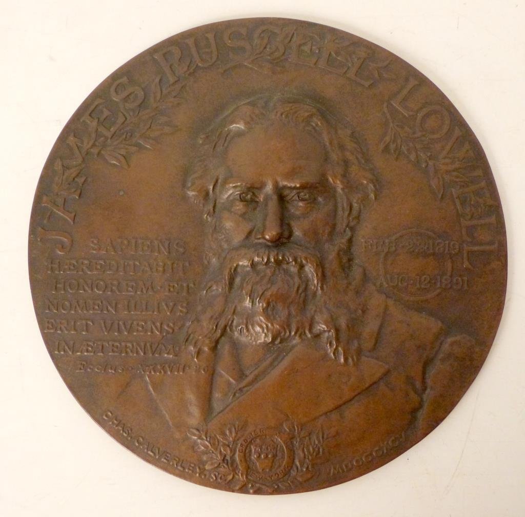 James Russell Lowell Medal Medallion: Issued by The Grolier Club, labeled copyright 1896. 6 3/4" D.